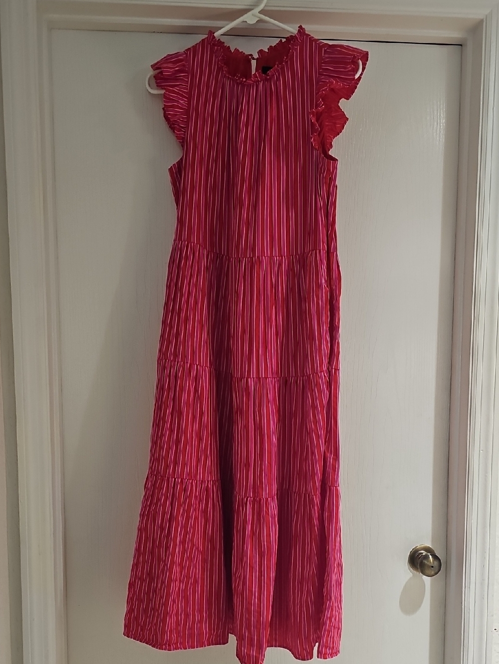 J.Crew Maxi Pink & Red Dress with Ruffle Shoulders